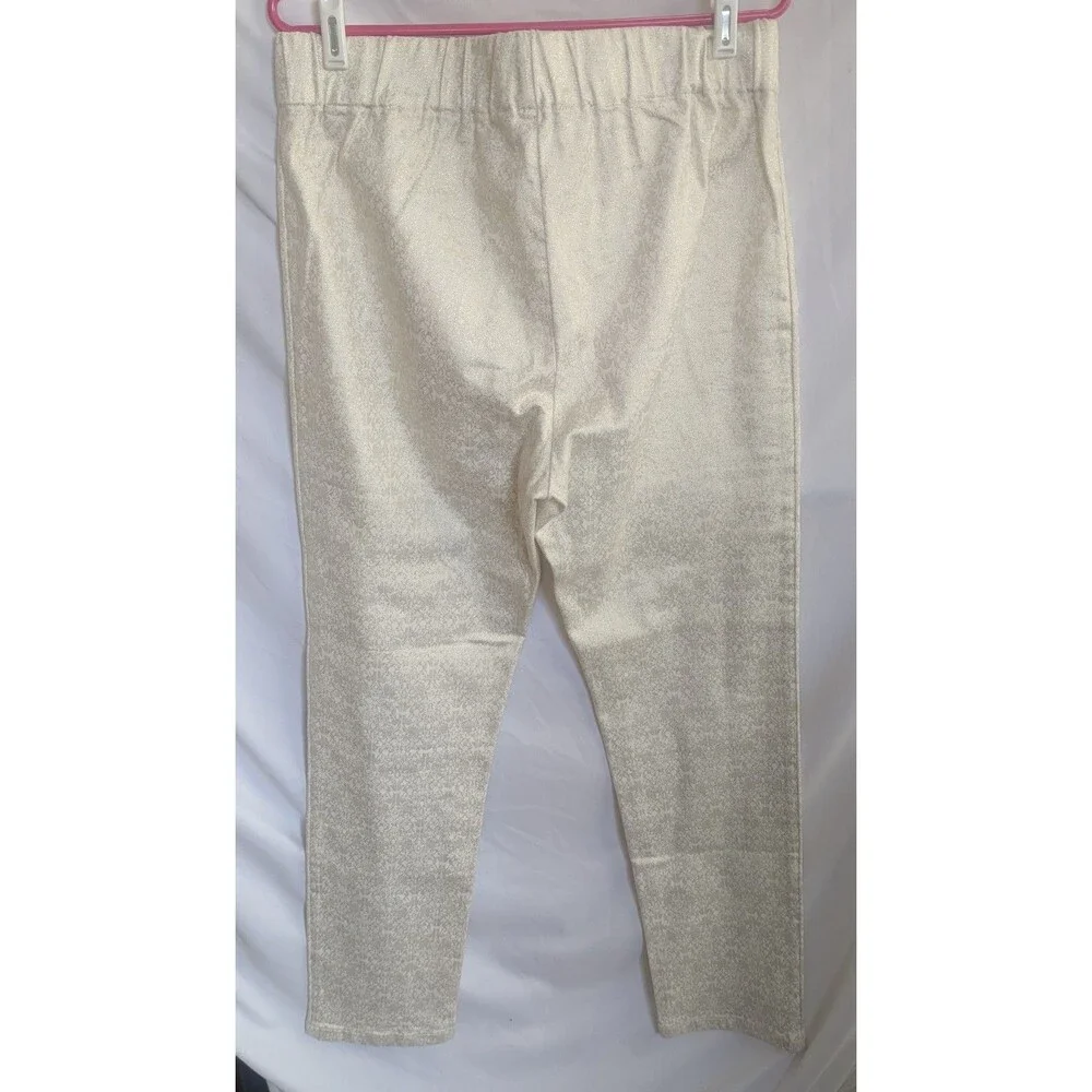 Soft Surroundings Women's SZ LT Gold Shimmer Print White Pants Pull On Stretch